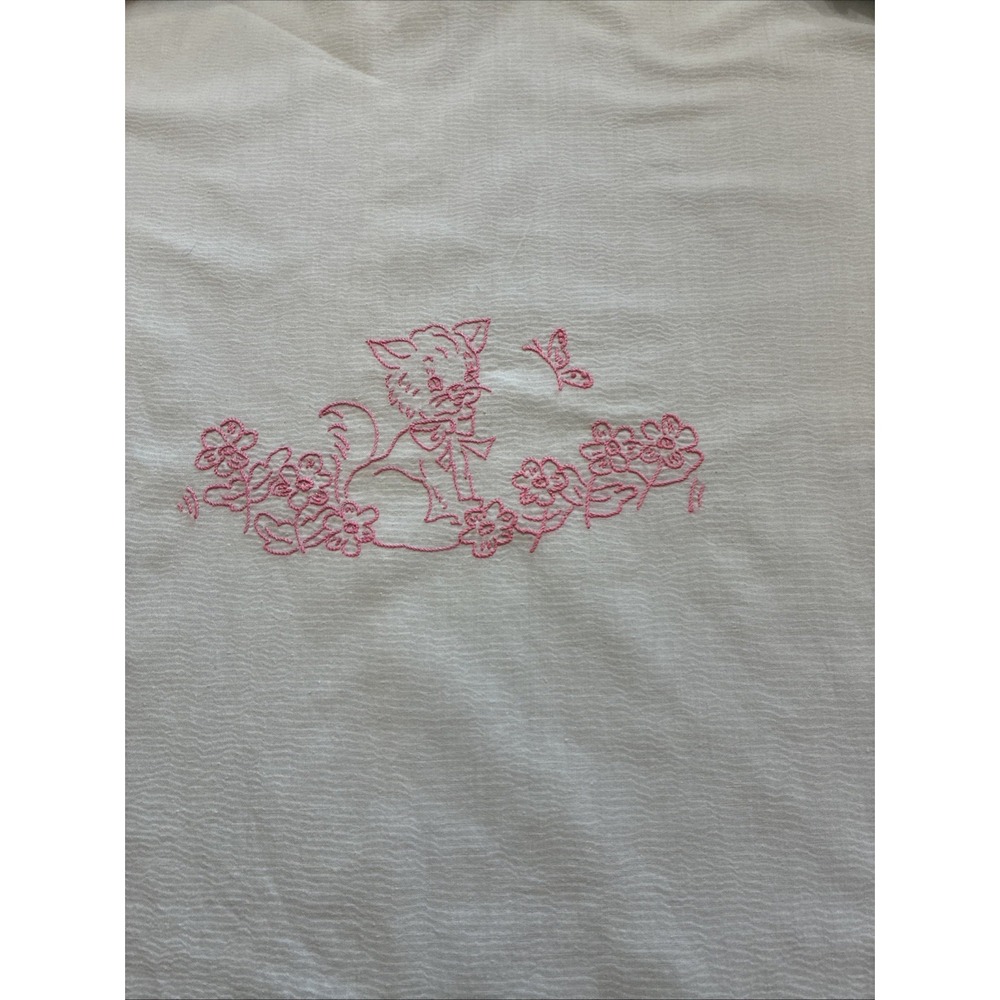 VTG Baby Blanket Cotton Plisse Blue W/ Pink Embroidery Ruffled 35" X 46"